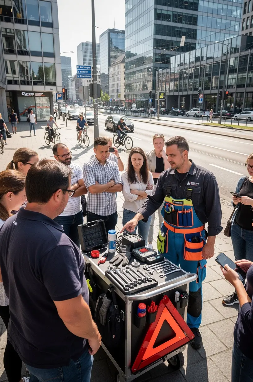 Kfz-Mechaniker erklärt einem Fahrer Schritt für Schritt die Vorgehensweise bei einer Reifenpanne